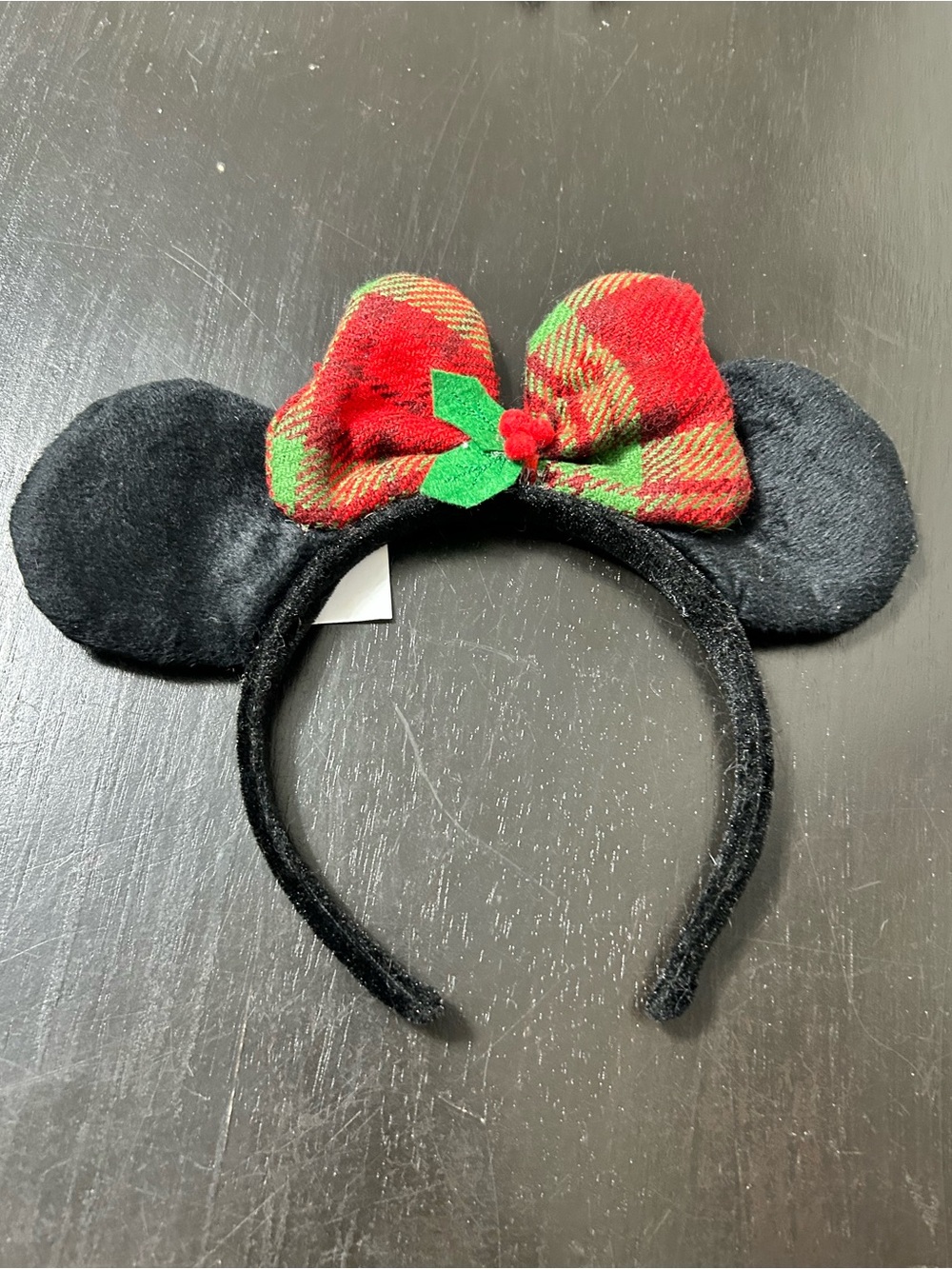 Black Minnie Ear Headband with Red & Green Plaid Bow